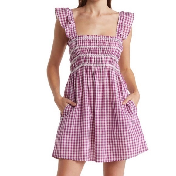 FRENCH CONNECTION Adalhia Smocked Gingham Mini Dress Medium - Picture 3 of 3